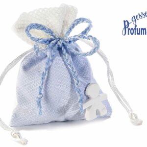 Sacchetto in cotone con gesso baby boy e nastro intrecciato