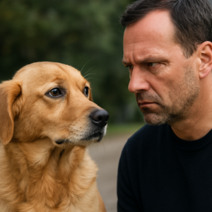 un cane che guarda una persona con diffidenza
