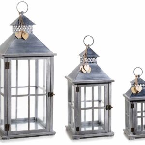 Set 3 lanterne legno spazzolato con cuori e tetto metallo
