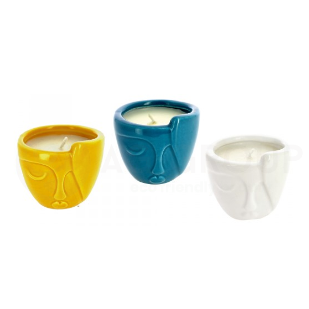 Featured image for “Candele profumate in ceramica volto stilizzato multicolore 3 pezzi”