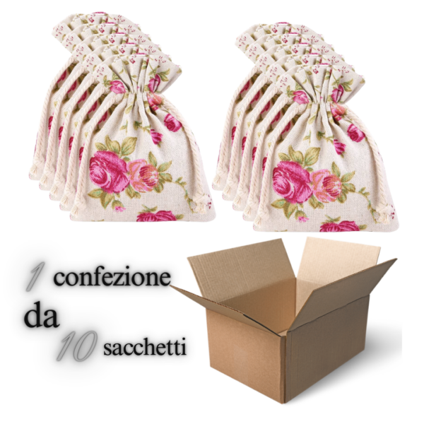 Sacchetti in misto lino con stampa floreale 9x12 cm - 10 pezzi - immagine 3