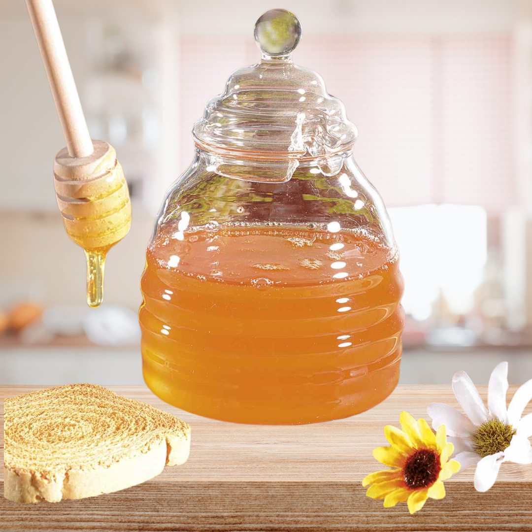 Barattolo Per Miele In Vetro Cristallo 380ml Con Coperchio In Legno E Cucchiaio - Contenitore Alimentare Con Tappo A Sughero