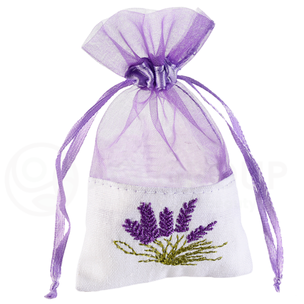 Sacchetto in cotone e organza con ricamo lavanda e tirante