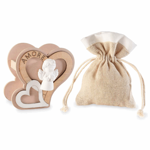 Bomboniera sacchetto con cuore legno e angelo gesso
