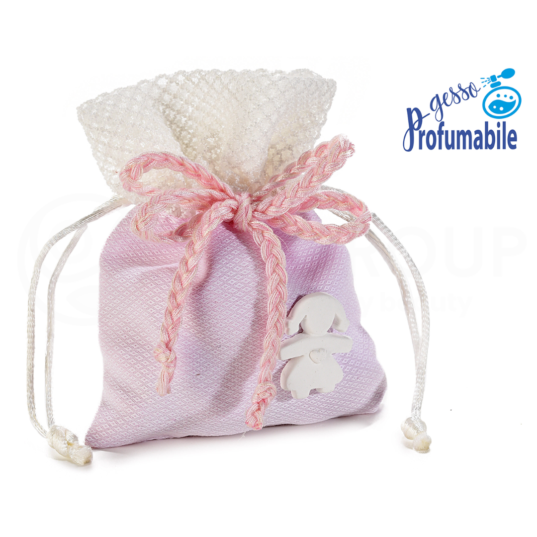 Featured image for “Sacchetto in cotone con gesso bimba e nastro intrecciato”