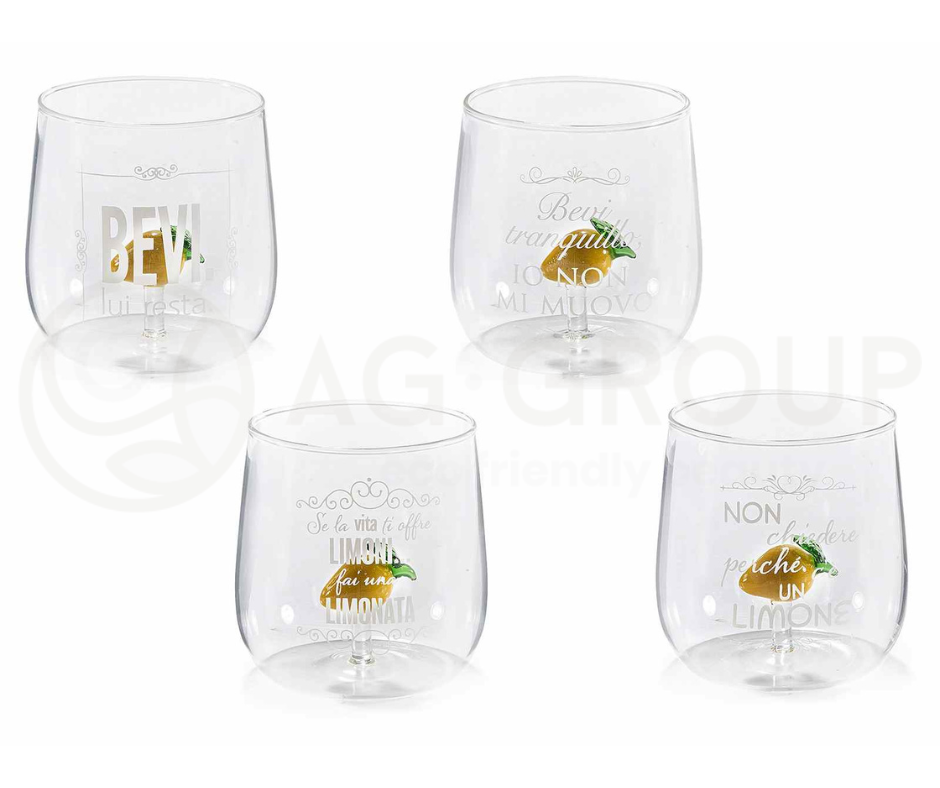 Bicchiere in vetro con limone 3D e scritte bianche set 4 pezzi