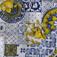 Tovaglia in puro cotone in tela fantasia decori e limoni 6 posti
