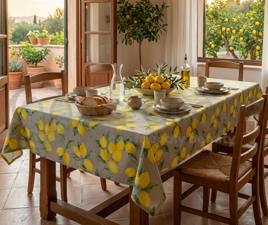 Tovaglia in puro cotone in tela fantasia limoni 6 posti