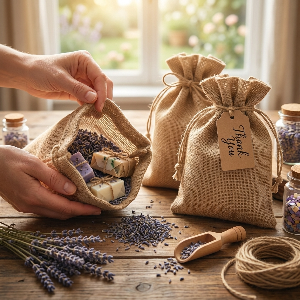 Featured image for “Sacchetti in juta naturale scura 13x18 cm con tirante e bigliettini set 12 pezzi”