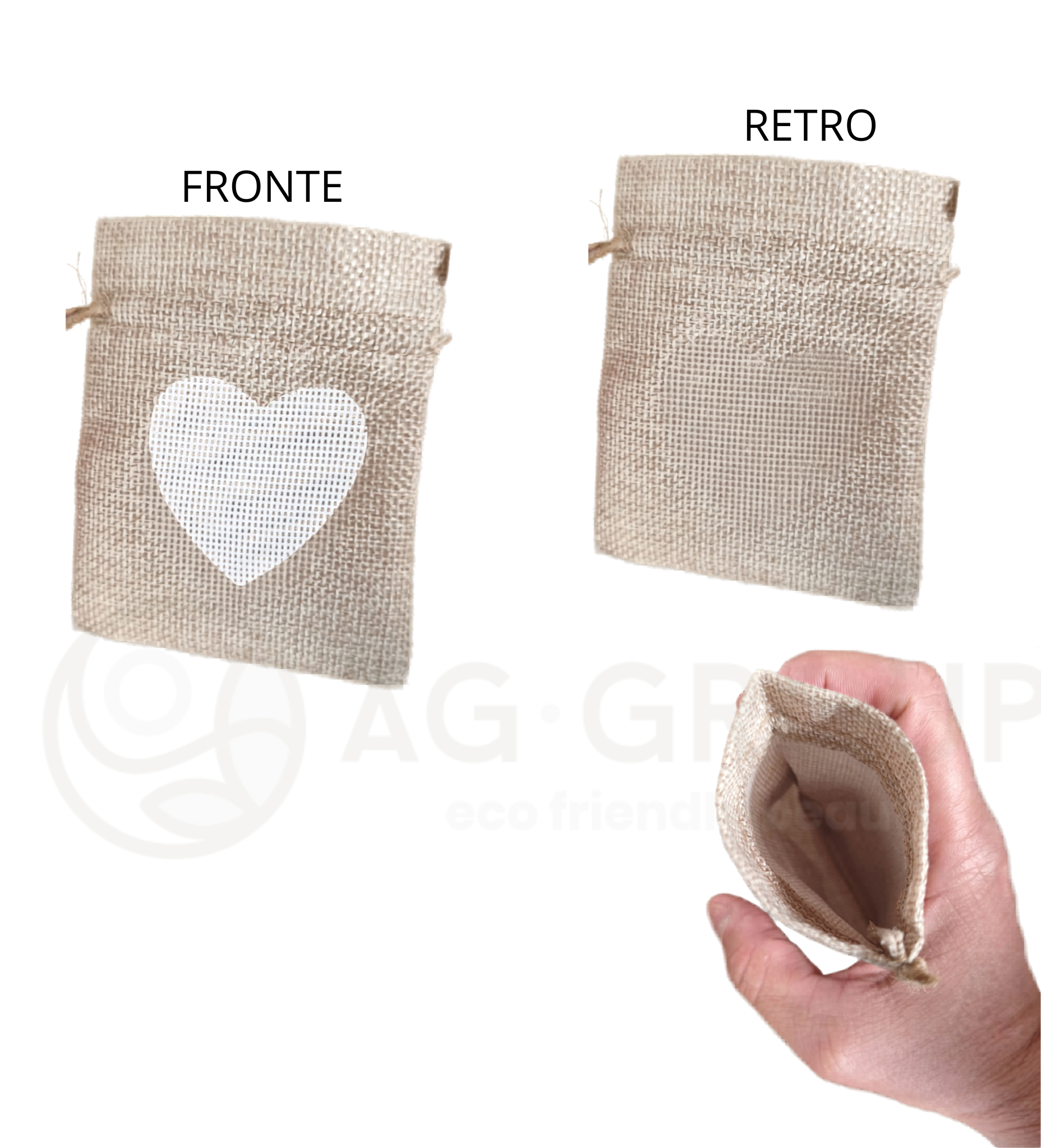 Sacchetto di juta colore corda con tirante e cuore cm 10 x 8.5 - immagine 2